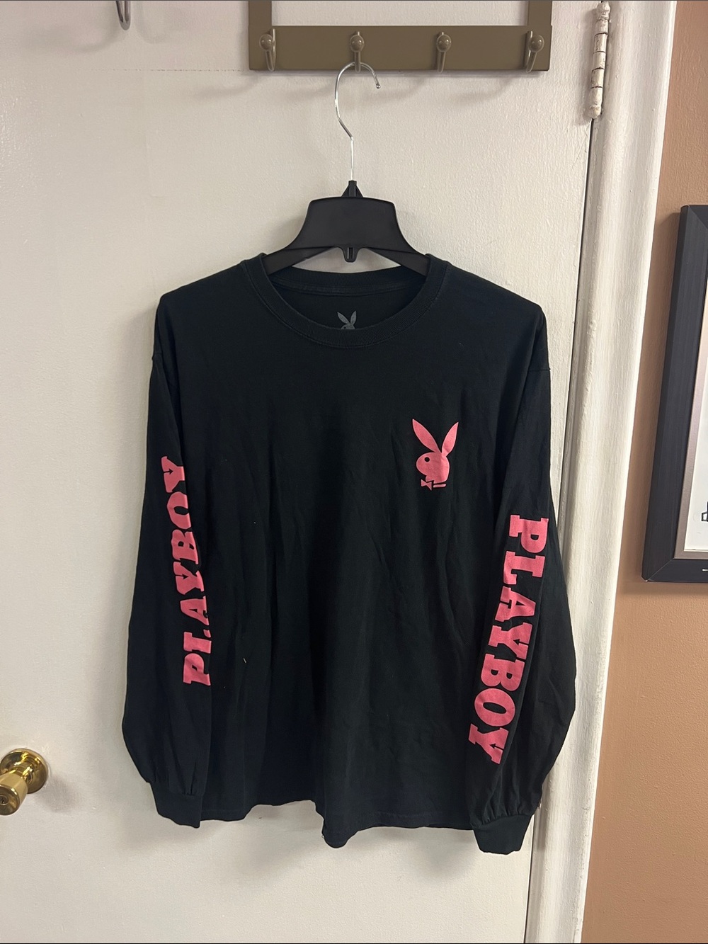 PLAYBOY Black Long Sleeve Tee with Pink Bunny and Sleeve Text Mens L Wmns XL